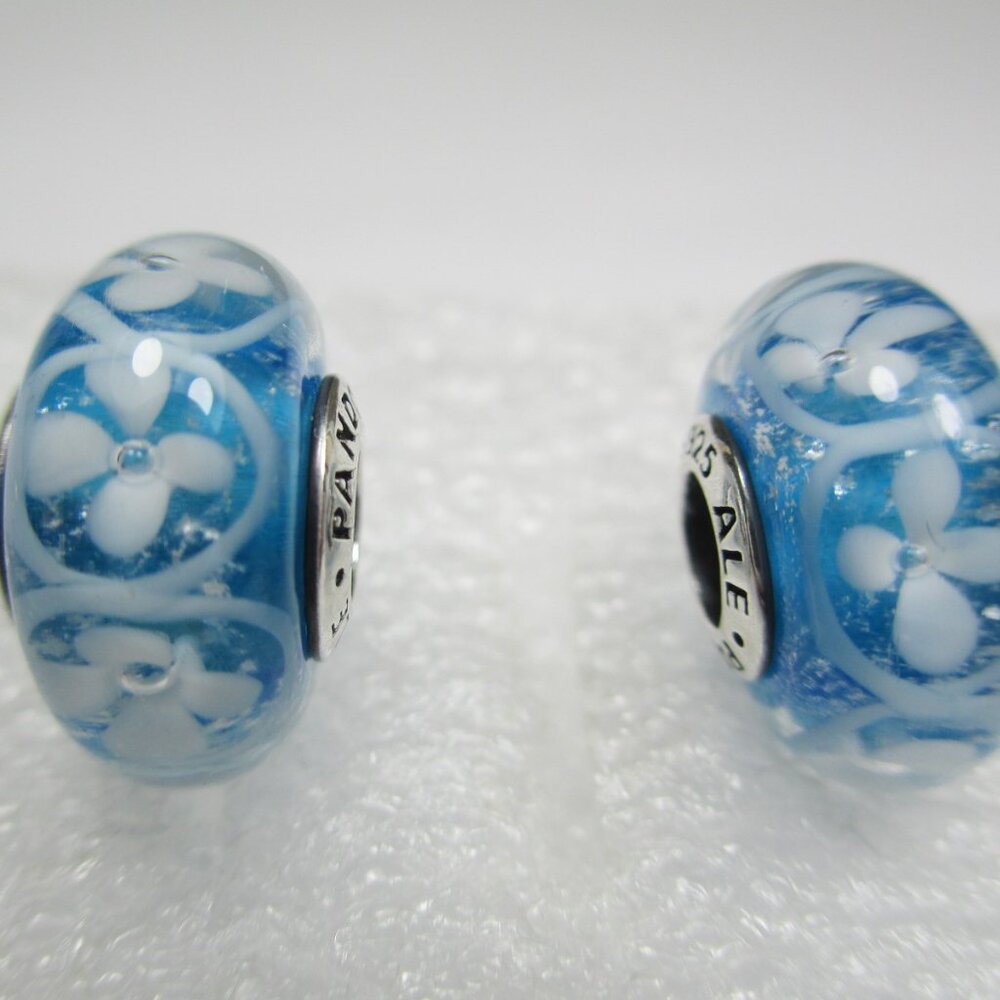 2 Pieces Blue Daisy Field of Flowers Murano Glass Pandora Charms Summer Garden